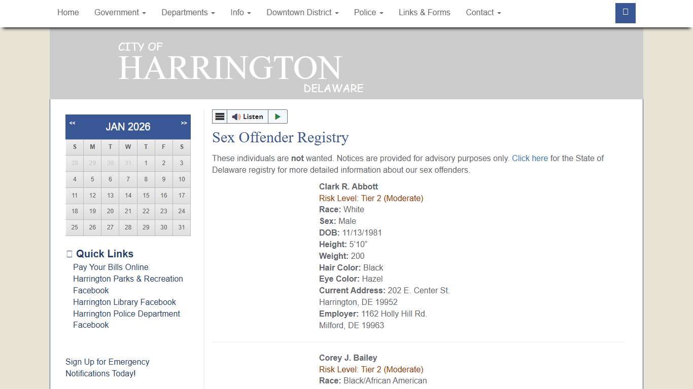 Sex Offender Registry - City of Harrington - Kent County Delaware