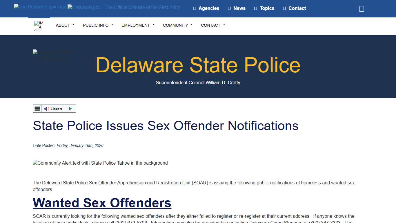 State Police Issues Sex Offender Notifications - Delaware State Police - State of Delaware